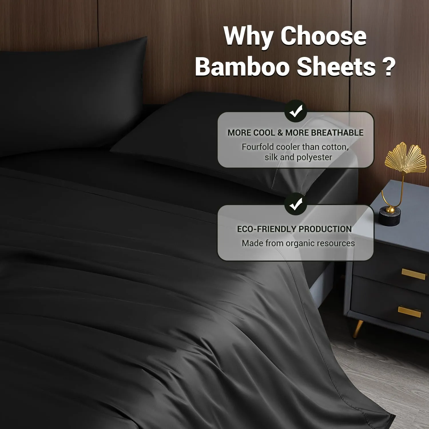 Shilucheng 4 Piece Queen Sheet Sets, Cooling Sheets, Blend Rayon Derived from Bamboo, Deep Pocket Up to 16", Breathable & Soft Bed Sheets, Hotel Silky Bedding Set, Black