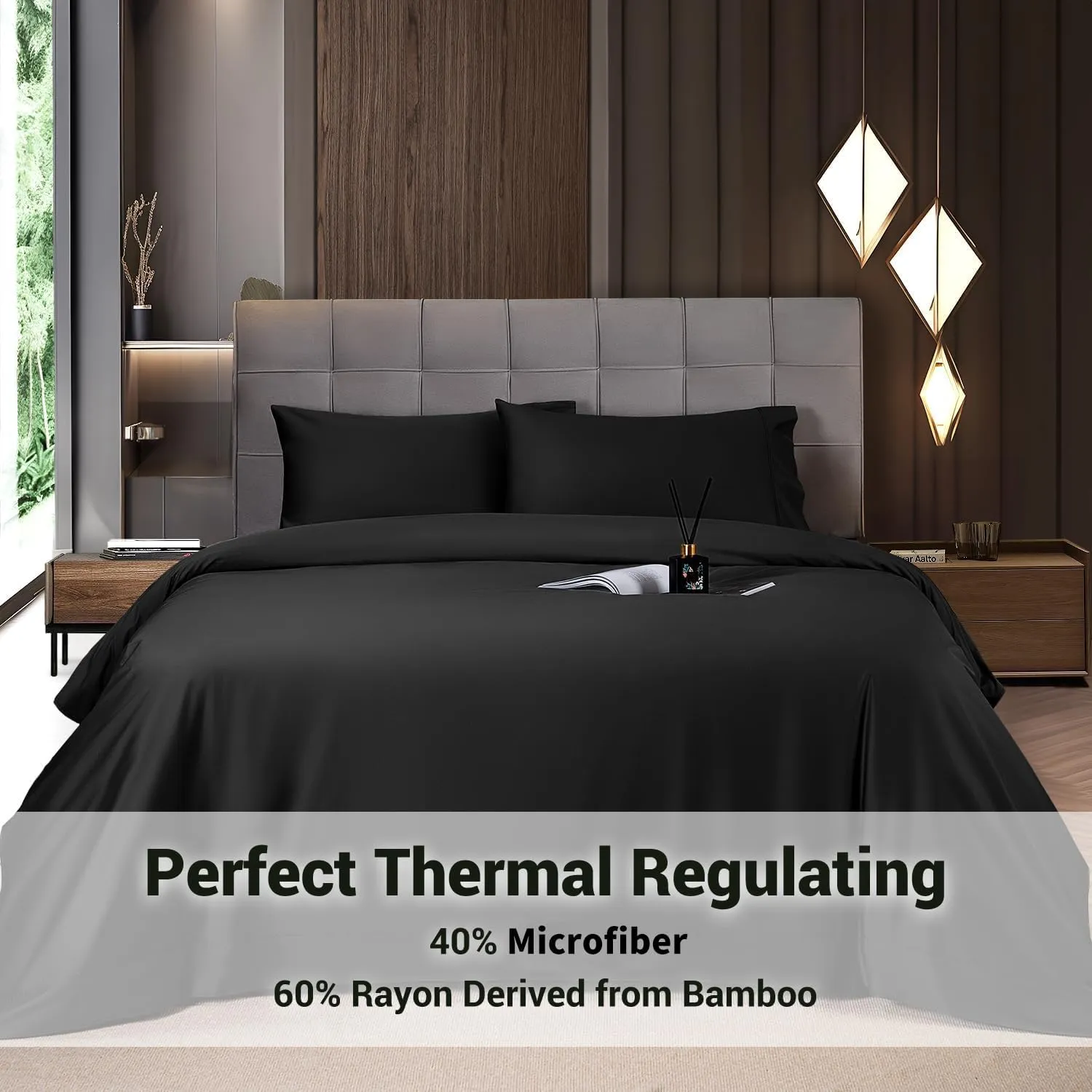 Shilucheng 4 Piece Queen Sheet Sets, Cooling Sheets, Blend Rayon Derived from Bamboo, Deep Pocket Up to 16", Breathable & Soft Bed Sheets, Hotel Silky Bedding Set, Black