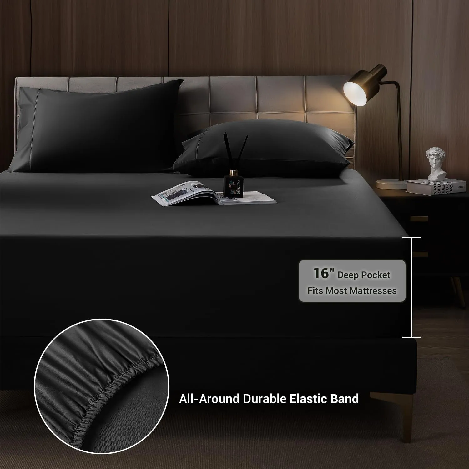 Shilucheng 4 Piece Queen Sheet Sets, Cooling Sheets, Blend Rayon Derived from Bamboo, Deep Pocket Up to 16", Breathable & Soft Bed Sheets, Hotel Silky Bedding Set, Black