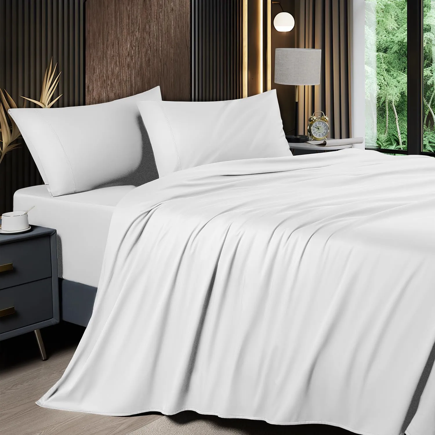 Shilucheng 4 Piece Queen Sheet Sets, Cooling Sheets, Blend Rayon Derived from Bamboo, Deep Pocket Up to 16", Breathable & Soft Bed Sheets, Hotel Silky Bedding Set, White