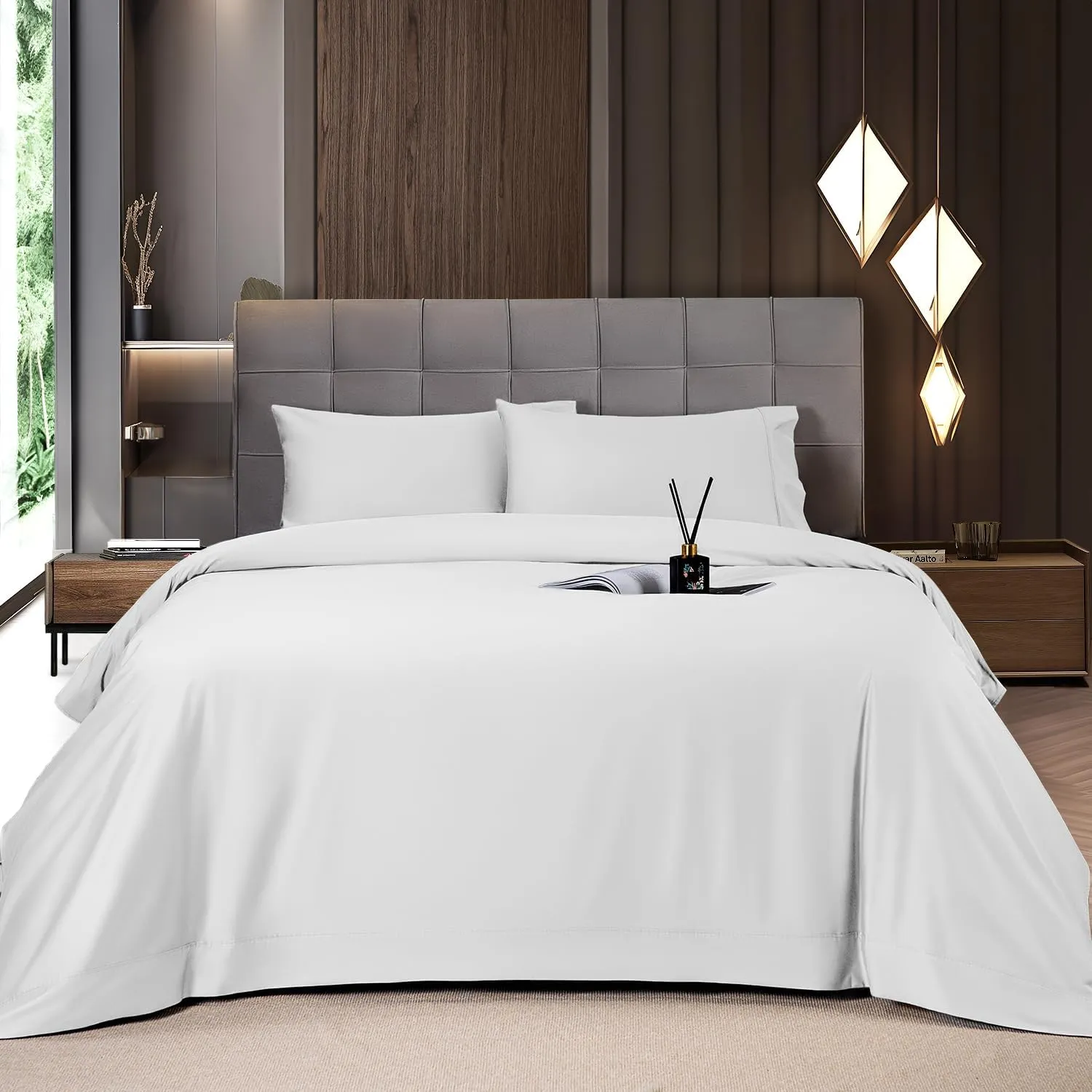 Shilucheng 4 Piece Queen Sheet Sets, Cooling Sheets, Blend Rayon Derived from Bamboo, Deep Pocket Up to 16", Breathable & Soft Bed Sheets, Hotel Silky Bedding Set, White