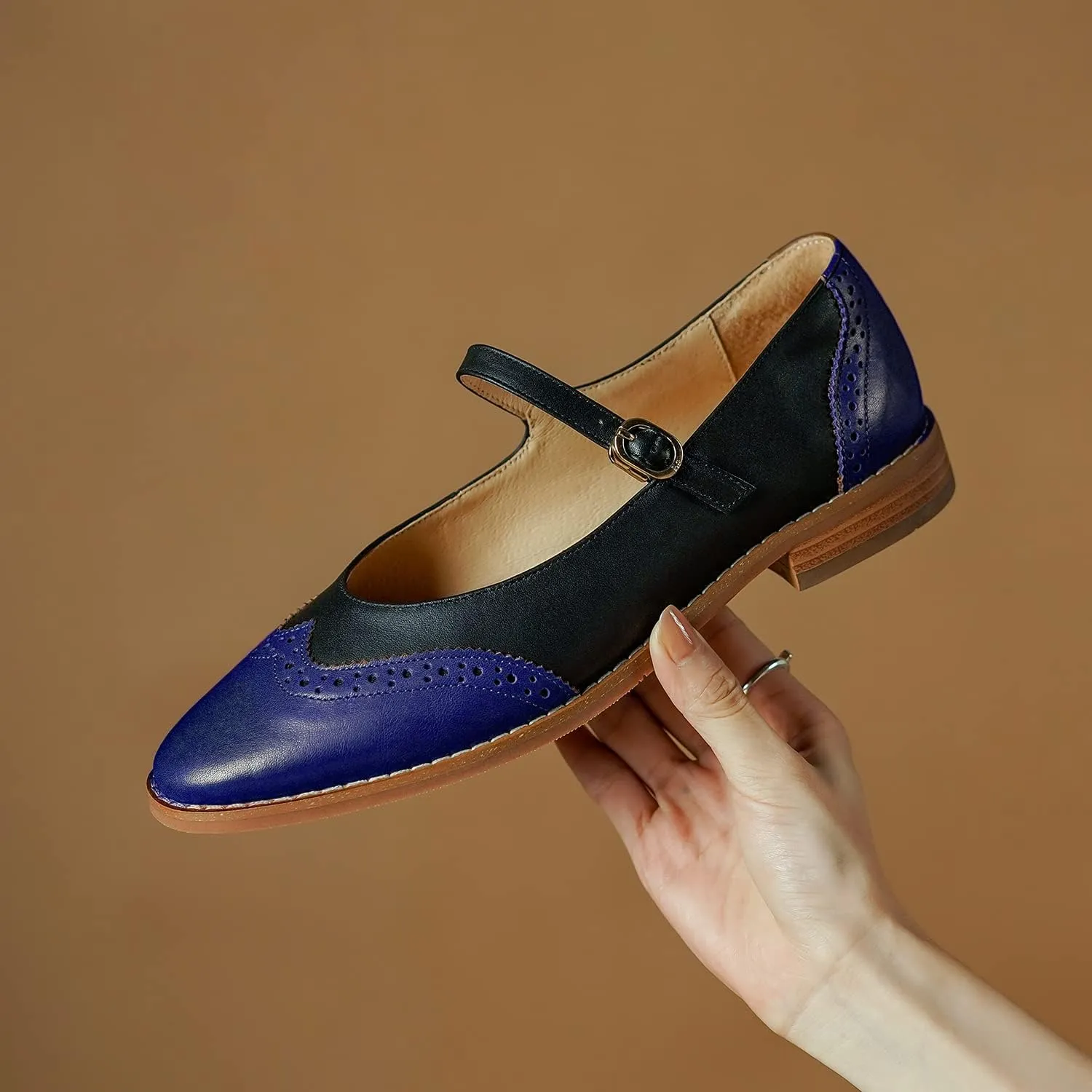 SHODENSE Women Mary Jane Flats Round Toe Ankle Strap Flat Shoes Two Tone Wingtip Oxfords Mary Jane Perforated Retro 1 Flat Heel Dress Shoes Almond Toe Patchwork Comfy Driver Flats 4-11 M US
