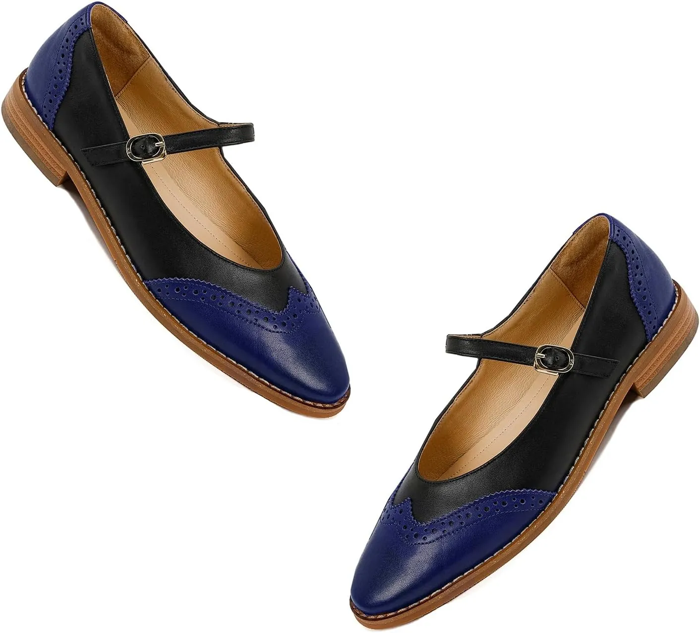SHODENSE Women Mary Jane Flats Round Toe Ankle Strap Flat Shoes Two Tone Wingtip Oxfords Mary Jane Perforated Retro 1 Flat Heel Dress Shoes Almond Toe Patchwork Comfy Driver Flats 4-11 M US
