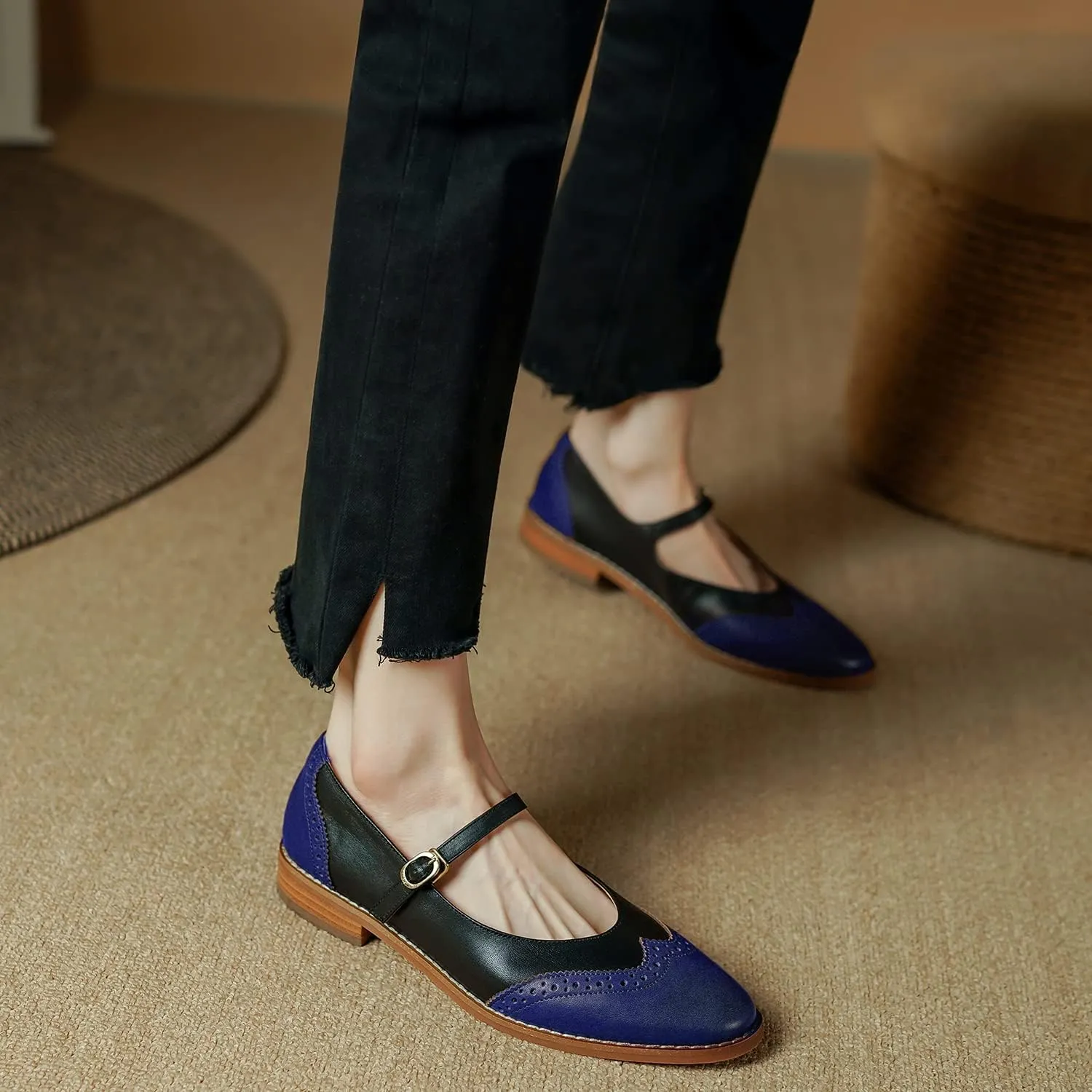 SHODENSE Women Mary Jane Flats Round Toe Ankle Strap Flat Shoes Two Tone Wingtip Oxfords Mary Jane Perforated Retro 1 Flat Heel Dress Shoes Almond Toe Patchwork Comfy Driver Flats 4-11 M US