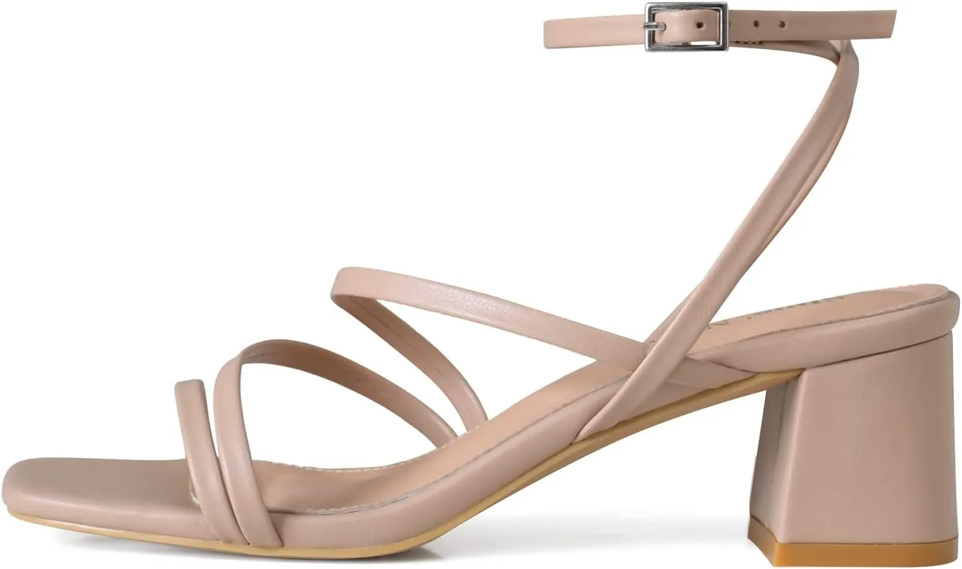 Shoe'N Tale Strappy Heels for Women Low Chunky Block Heel Dress Shoes Square Open Toe Ankle Strap Heeled Sandals