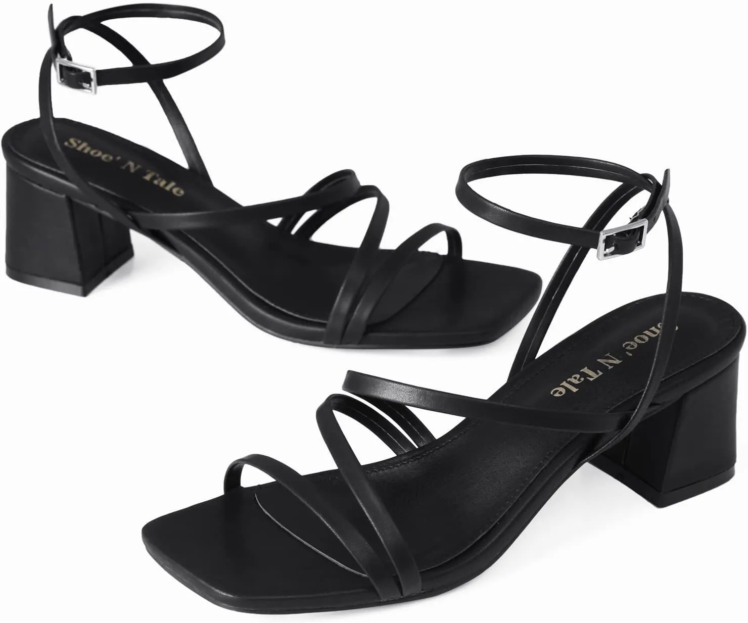 Shoe'N Tale Strappy Heels for Women Low Chunky Block Heel Dress Shoes Square Open Toe Ankle Strap Heeled Sandals