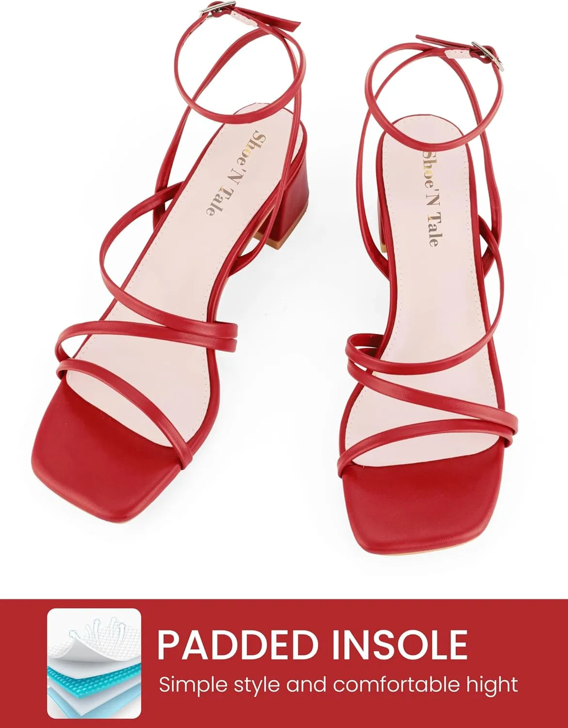 Shoe'N Tale Strappy Heels for Women Low Chunky Block Heel Dress Shoes Square Open Toe Ankle Strap Heeled Sandals