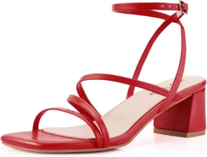 Shoe'N Tale Strappy Heels for Women Low Chunky Block Heel Dress Shoes Square Open Toe Ankle Strap Heeled Sandals
