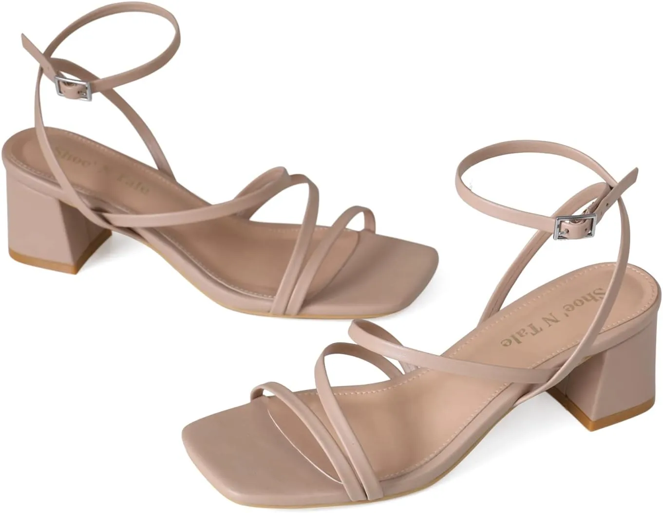 Shoe'N Tale Strappy Heels for Women Low Chunky Block Heel Dress Shoes Square Open Toe Ankle Strap Heeled Sandals