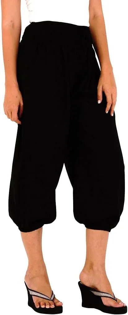 SHU-SHI Womens Boho Harem Capris Pants Trousers Elastic Waist Loose Side Pocket