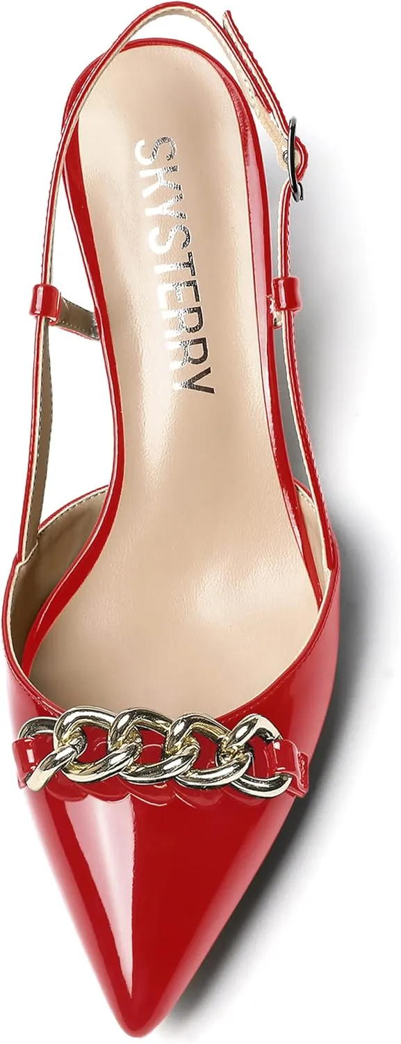 SKYSTERRY Women's Casual Metal Slip On Pointed Toe Patent Slingback Dating Spool Low Heel Pumps Shoes 2 Inch