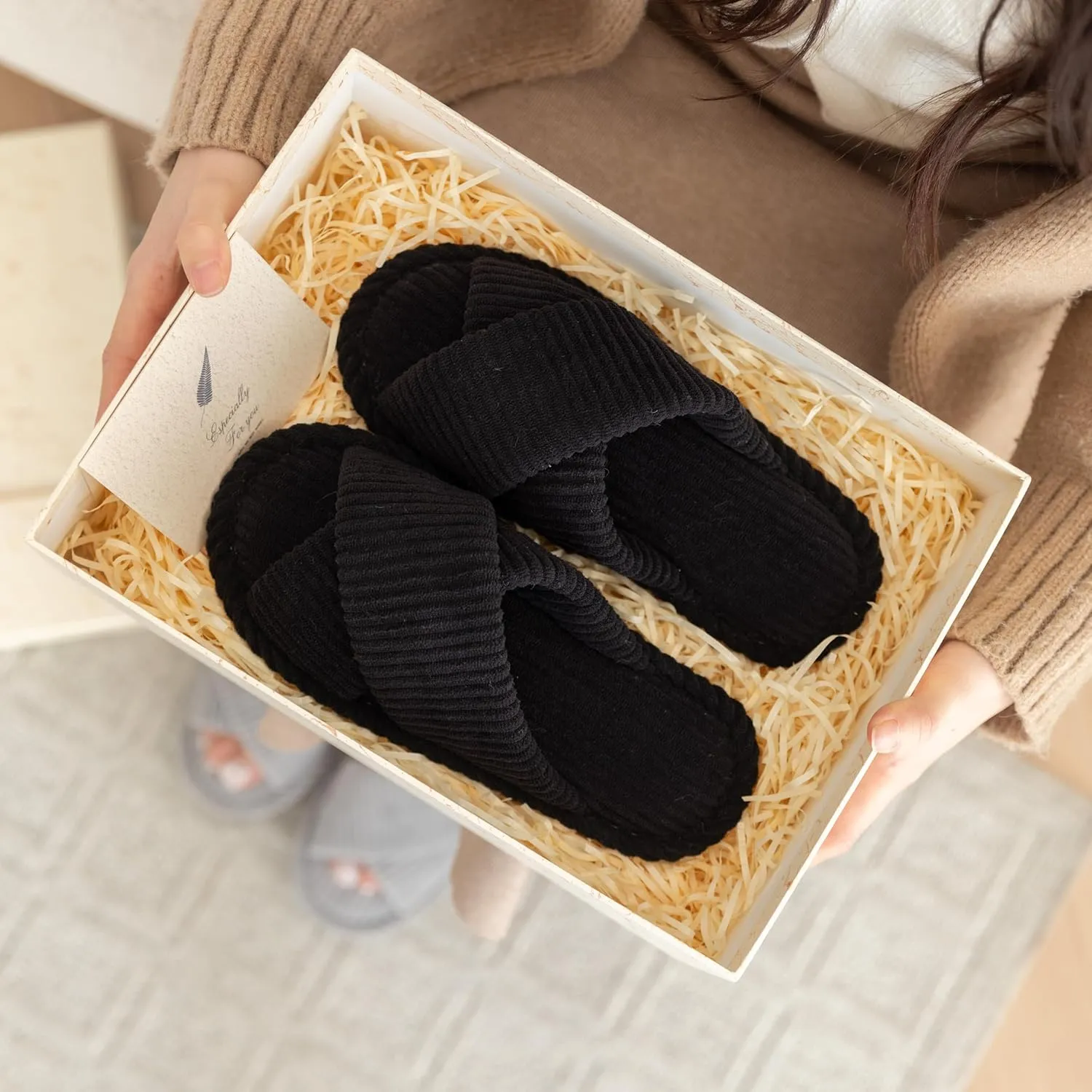 Slippers for Women Memory Foam House Bedroom Corduroy Crossbands Open Toe Slides Sandals Shoes Comfy Trendy Gift for womens Anti-Skid sole