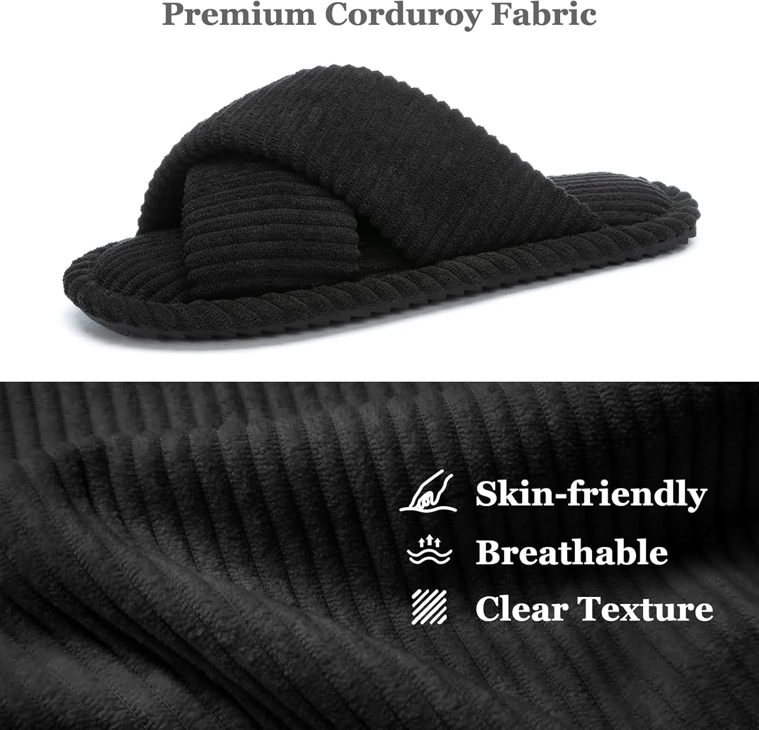 Slippers for Women Memory Foam House Bedroom Corduroy Crossbands Open Toe Slides Sandals Shoes Comfy Trendy Gift for womens Anti-Skid sole