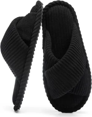 Slippers for Women Memory Foam House Bedroom Corduroy Crossbands Open Toe Slides Sandals Shoes Comfy Trendy Gift for womens Anti-Skid sole