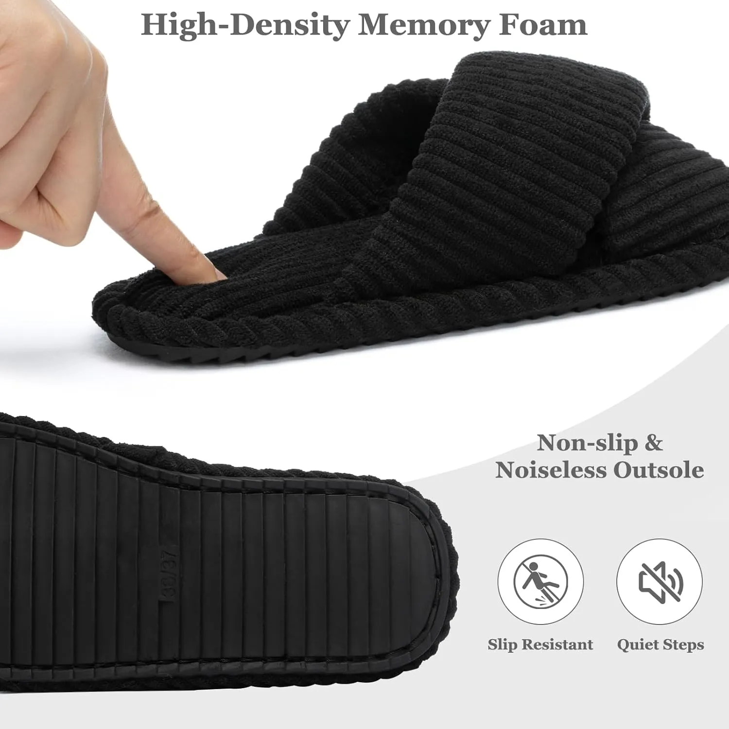 Slippers for Women Memory Foam House Bedroom Corduroy Crossbands Open Toe Slides Sandals Shoes Comfy Trendy Gift for womens Anti-Skid sole