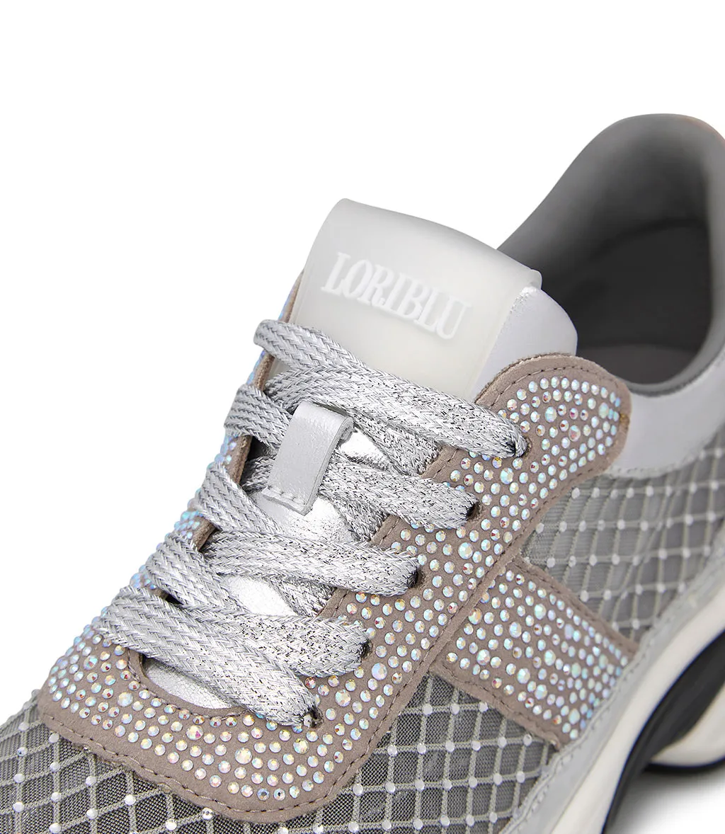 Sneaker in vitello argento con cristalli tono su tono