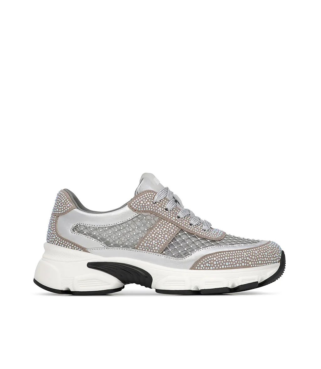 Sneaker in vitello argento con cristalli tono su tono