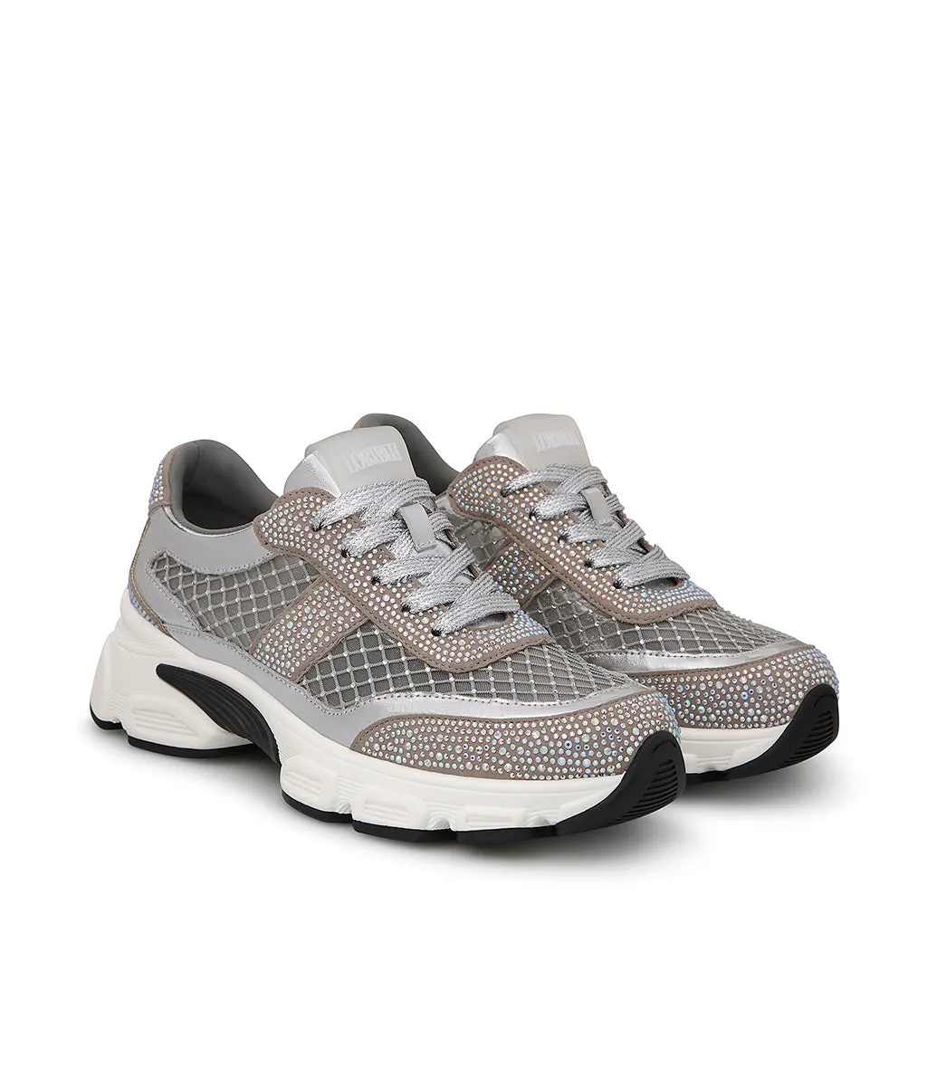 Sneaker in vitello argento con cristalli tono su tono