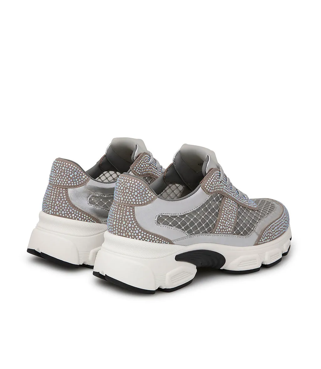 Sneaker in vitello argento con cristalli tono su tono