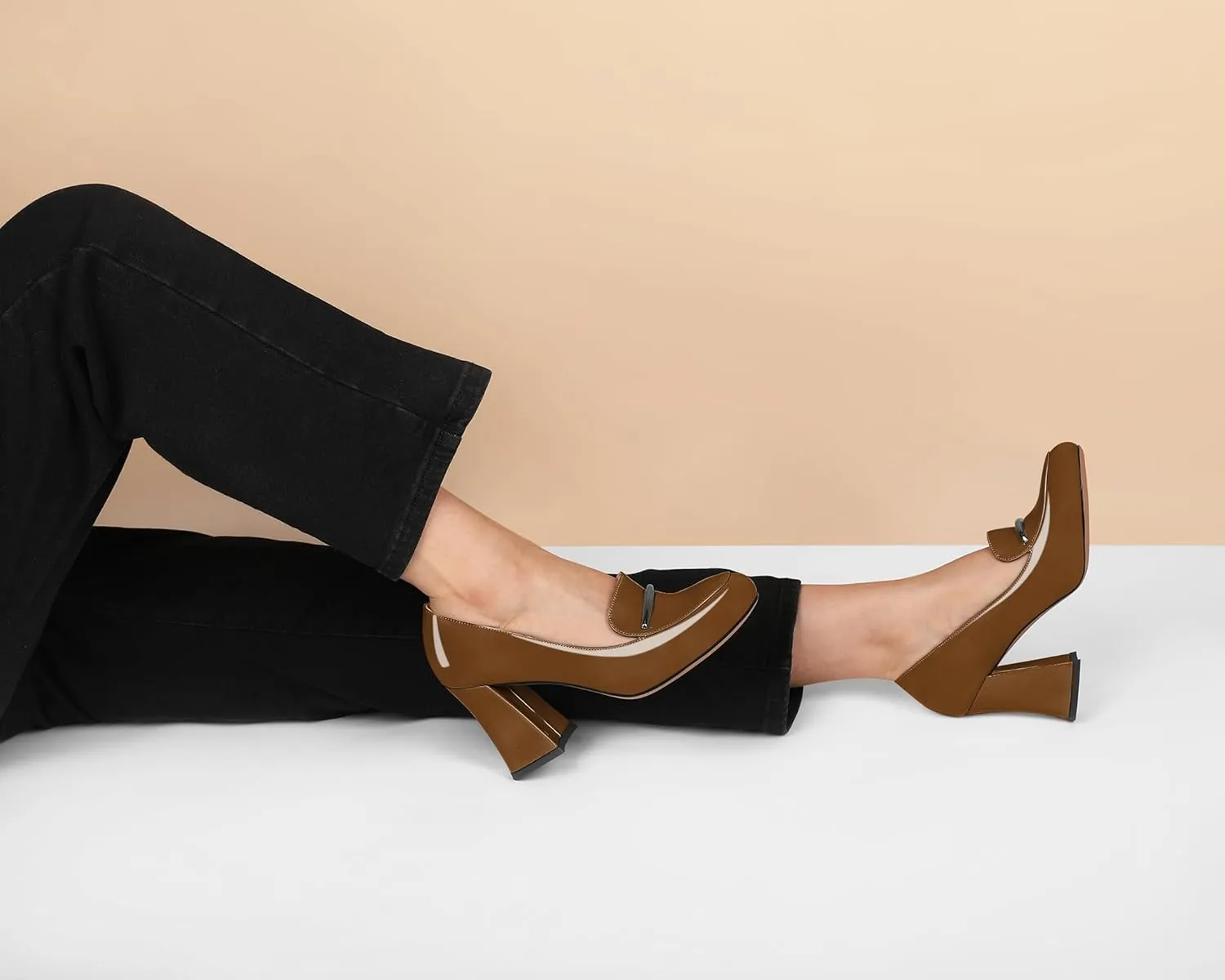 Soireelady Women Chunky Heel Pumps Block High Heel Slip On Closed Round Toe Loafer Heel Dress Shoes Work Casual Daily Patent Leather 3.5 Inches