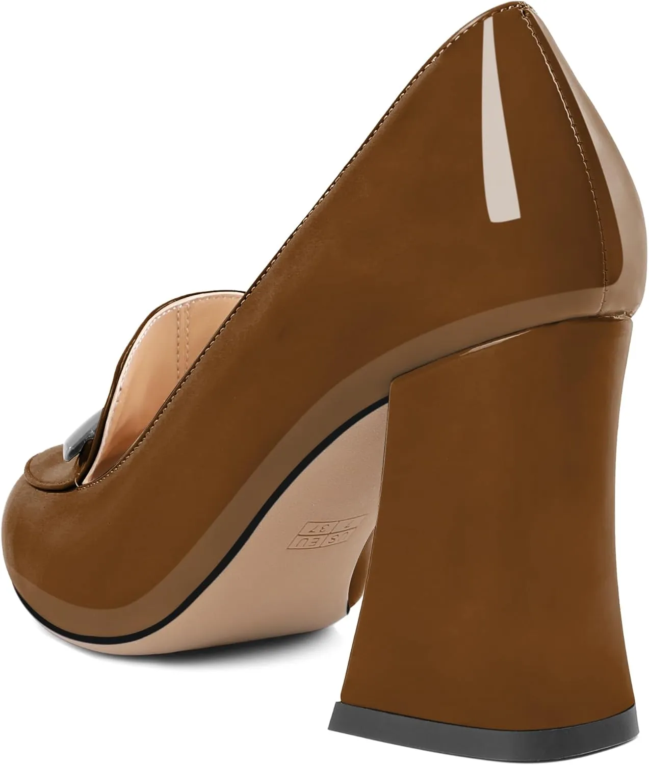 Soireelady Women Chunky Heel Pumps Block High Heel Slip On Closed Round Toe Loafer Heel Dress Shoes Work Casual Daily Patent Leather 3.5 Inches