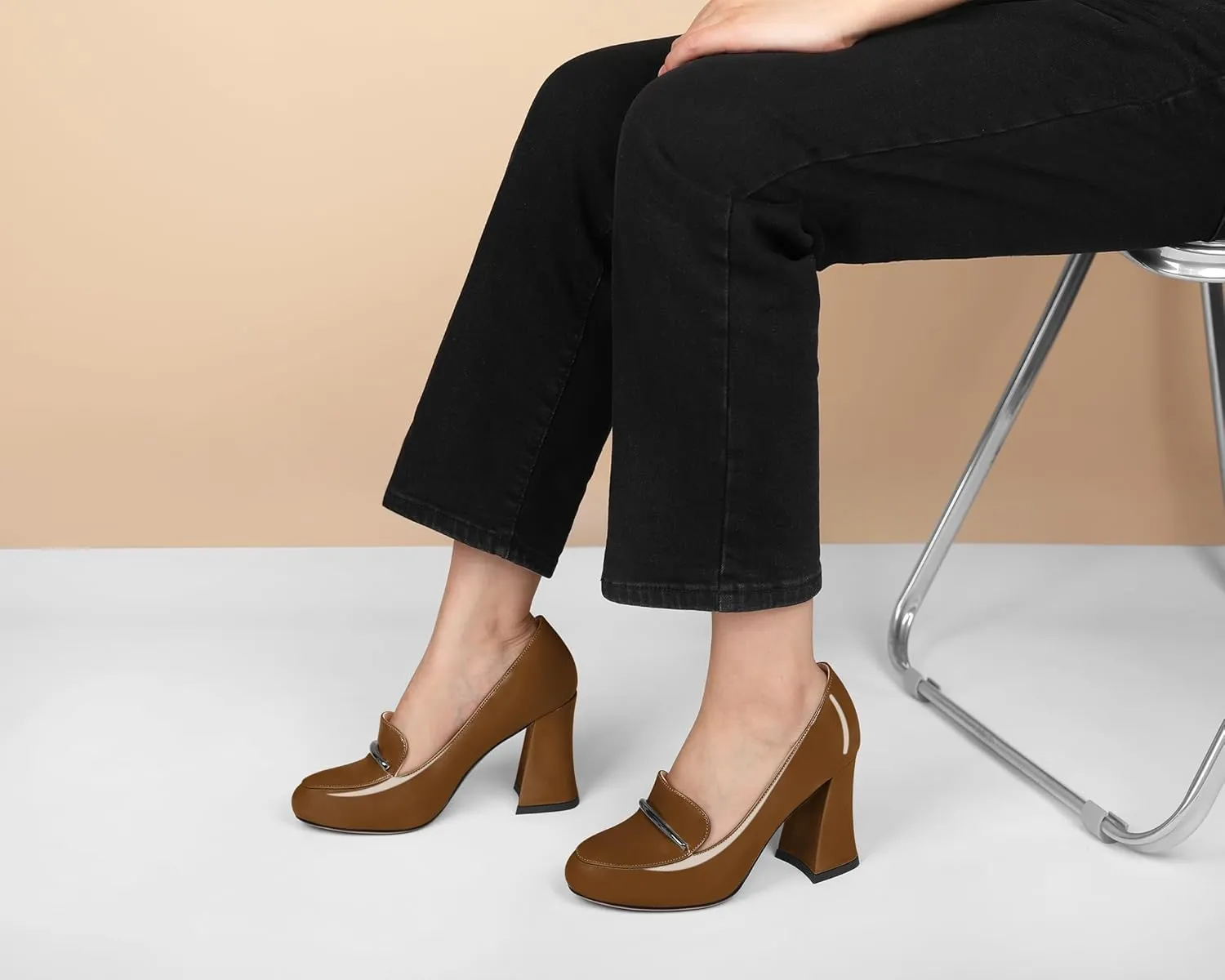 Soireelady Women Chunky Heel Pumps Block High Heel Slip On Closed Round Toe Loafer Heel Dress Shoes Work Casual Daily Patent Leather 3.5 Inches
