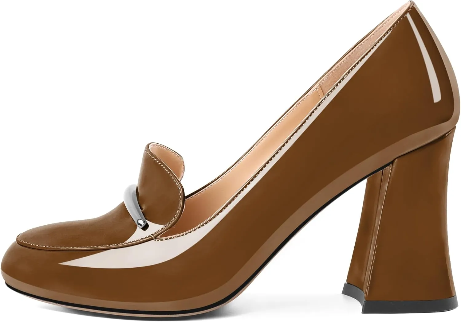 Soireelady Women Chunky Heel Pumps Block High Heel Slip On Closed Round Toe Loafer Heel Dress Shoes Work Casual Daily Patent Leather 3.5 Inches