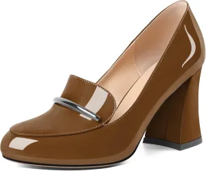 Soireelady Women Chunky Heel Pumps Block High Heel Slip On Closed Round Toe Loafer Heel Dress Shoes Work Casual Daily Patent Leather 3.5 Inches