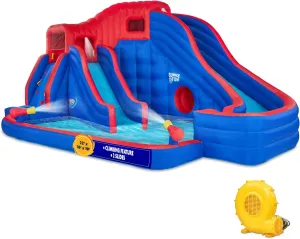 Sunny & Fun Deluxe Adventure Inflatable Water Slide Park – Heavy-Duty for Outdoor Fun - Climbing Wall, 2 Slides & Splash Pool – Easy to Set Up & Inflate with Included Air Pump & Carrying Case