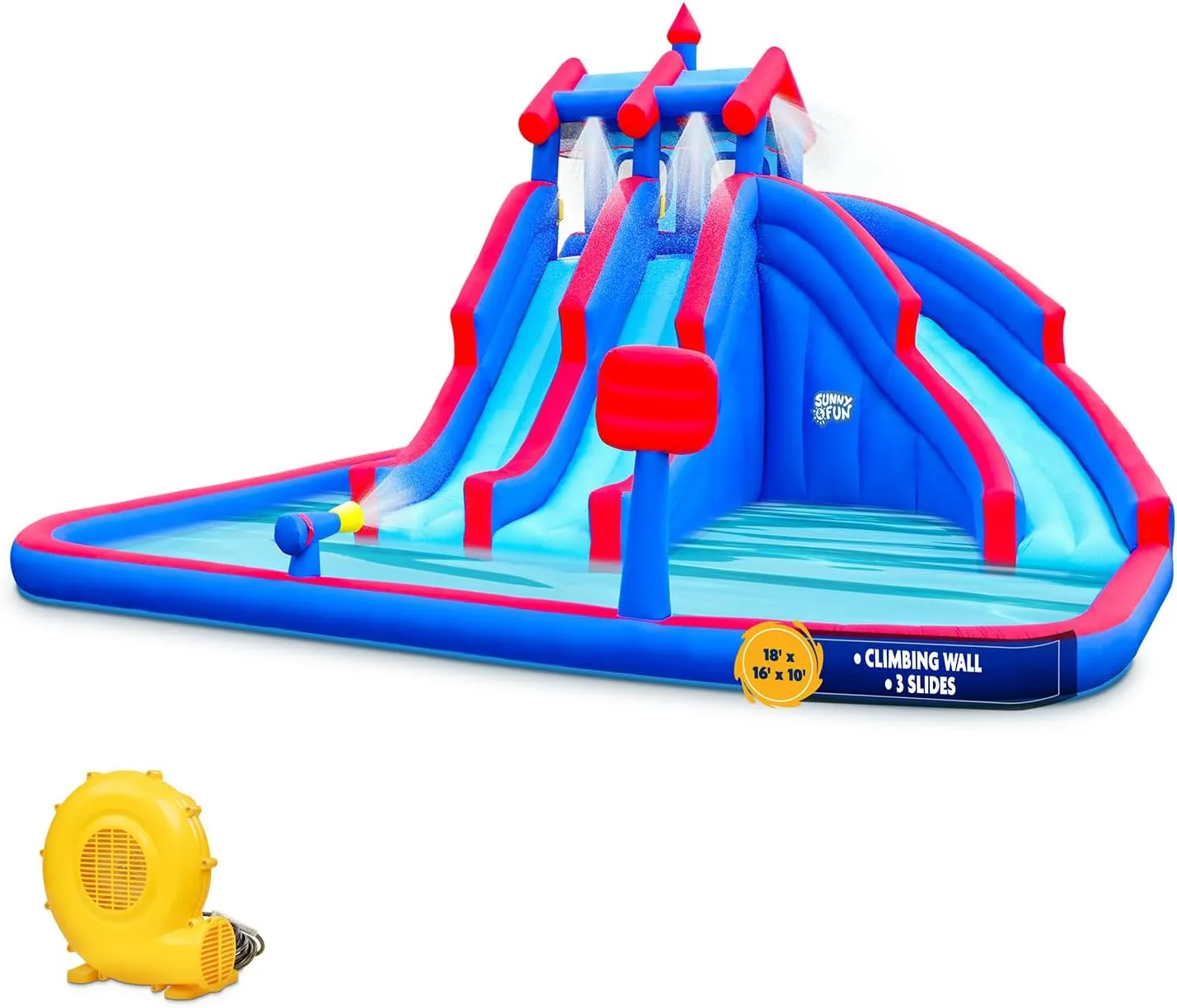 Sunny & Fun Mega Sport Inflatable Water Triple Slide Park – Heavy-Duty for Outdoor Fun - Climbing Wall, 3 Slides & Splash Pool – Easy to Set Up & Inflate with Included Air Pump & Carrying Case