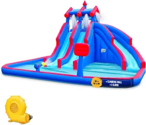 Sunny & Fun Mega Sport Inflatable Water Triple Slide Park – Heavy-Duty for Outdoor Fun - Climbing Wall, 3 Slides & Splash Pool – Easy to Set Up & Inflate with Included Air Pump & Carrying Case