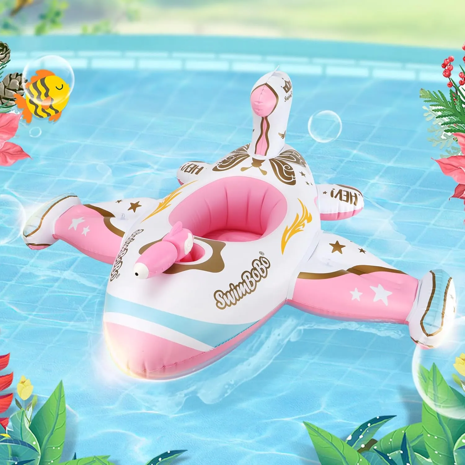 Swimbobo Toddler Pool Float with Seat Boat Inflatable Ride-on Airplane Pirates Sharks Car for Kids Outdoor Toys