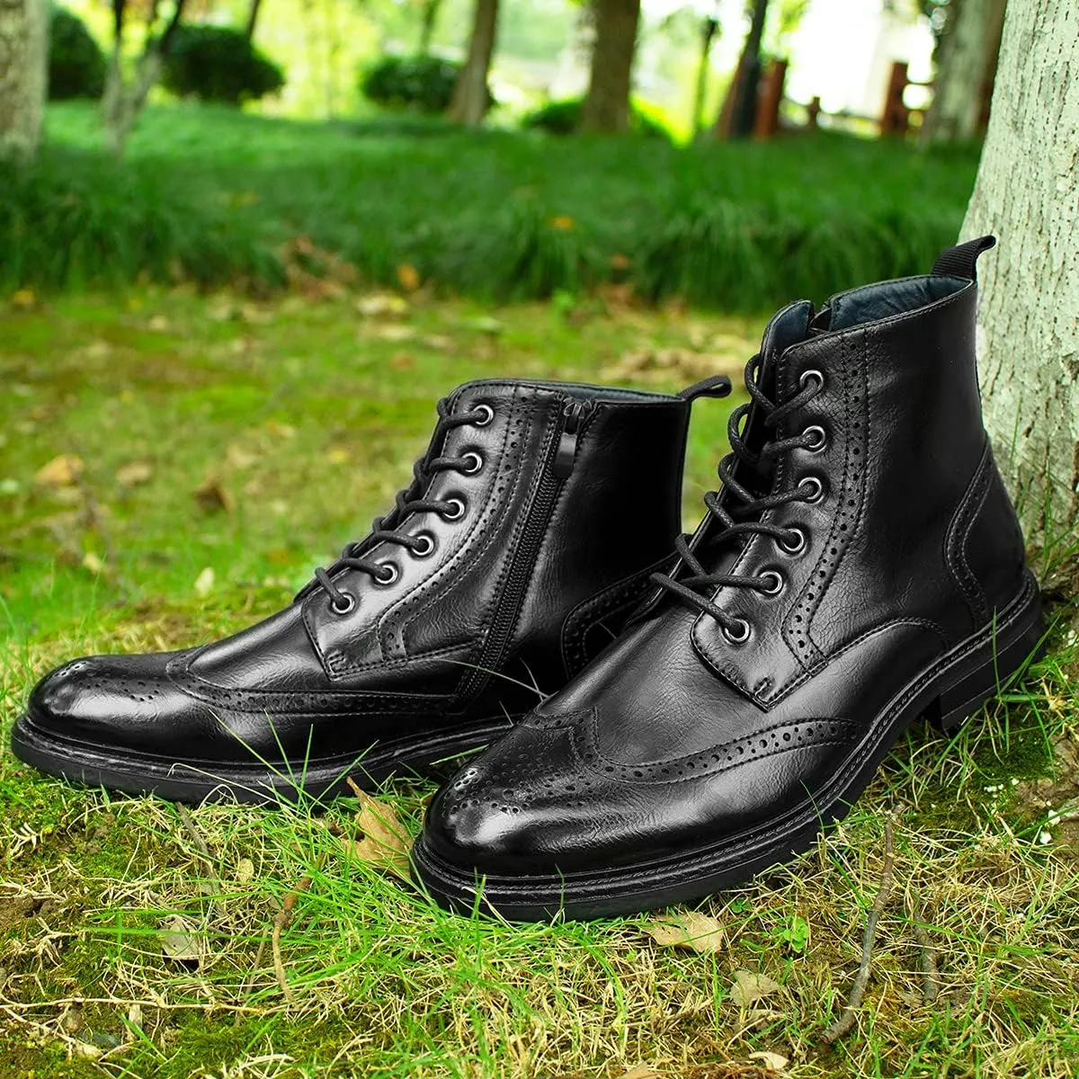Temeshu Men's Wingtip Ankle Boot Side Zip Motorcycle Oxford Boots (with shoelaces) HH07