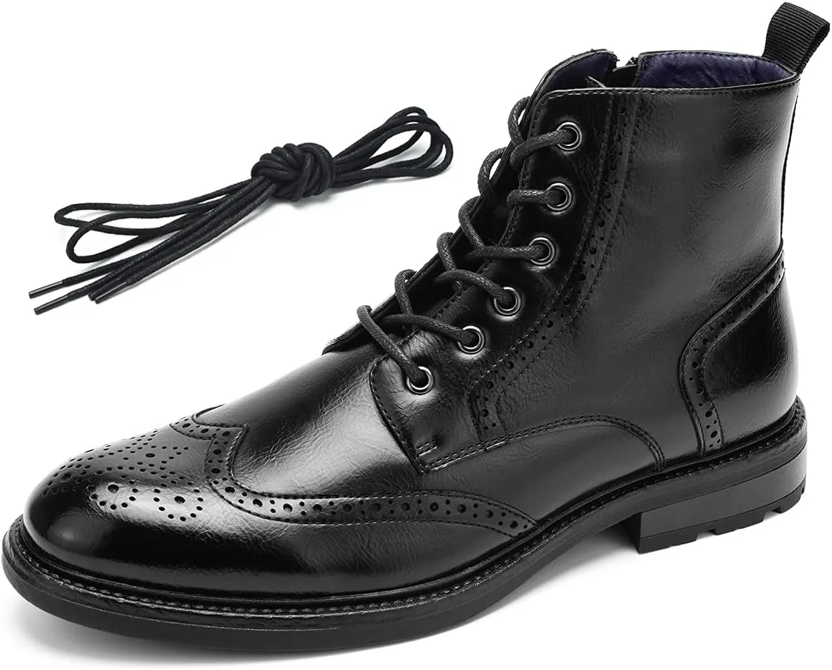 Temeshu Men's Wingtip Ankle Boot Side Zip Motorcycle Oxford Boots (with shoelaces) HH07