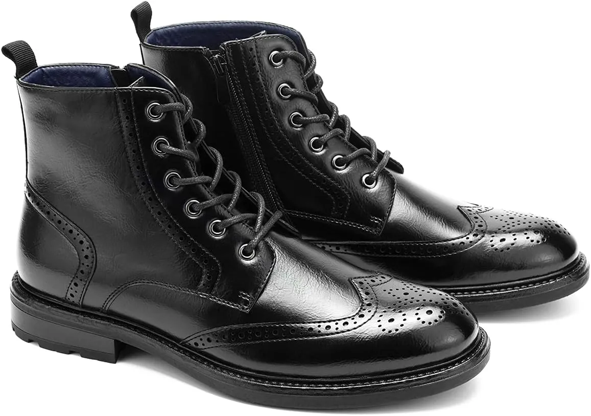 Temeshu Men's Wingtip Ankle Boot Side Zip Motorcycle Oxford Boots (with shoelaces) HH07