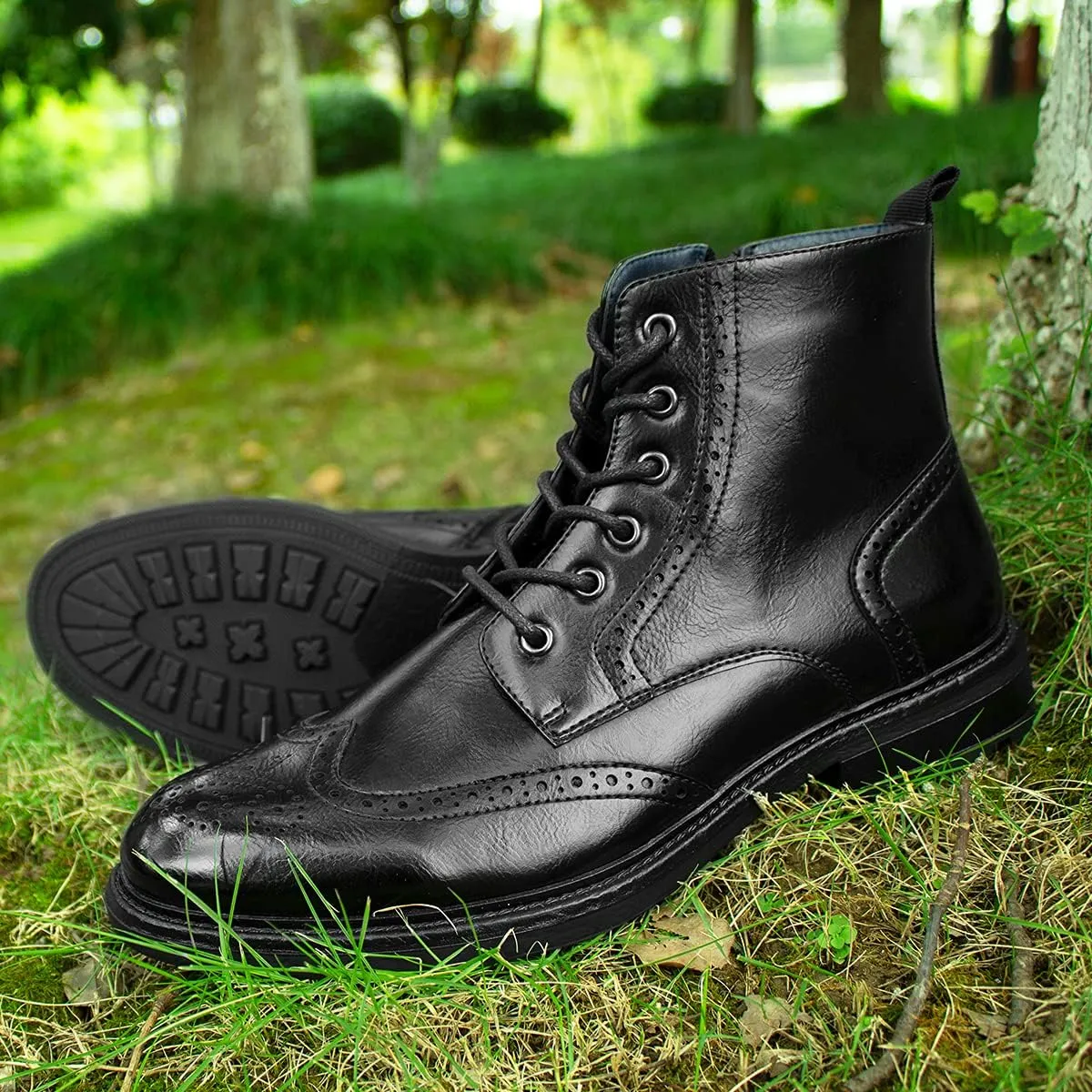 Temeshu Men's Wingtip Ankle Boot Side Zip Motorcycle Oxford Boots (with shoelaces) HH07