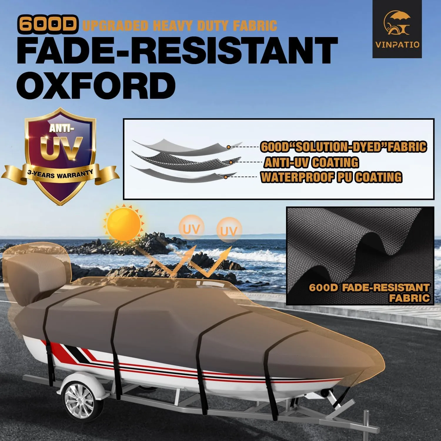 Trailerable Boat Cover, 600D Solution-Dyed Bass Boat Cover, 12-14 ft Heavy Duty 100% Waterproof Boat Covers Fits V-Hull Runabout Fishing Ski Pro-Style Bass Boats, Beam Width up to 68"