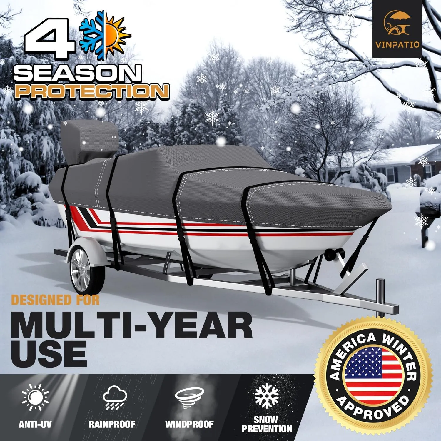 Trailerable Boat Cover, 600D Solution-Dyed Bass Boat Cover, 12-14 ft Heavy Duty 100% Waterproof Boat Covers Fits V-Hull Runabout Fishing Ski Pro-Style Bass Boats, Beam Width up to 68"