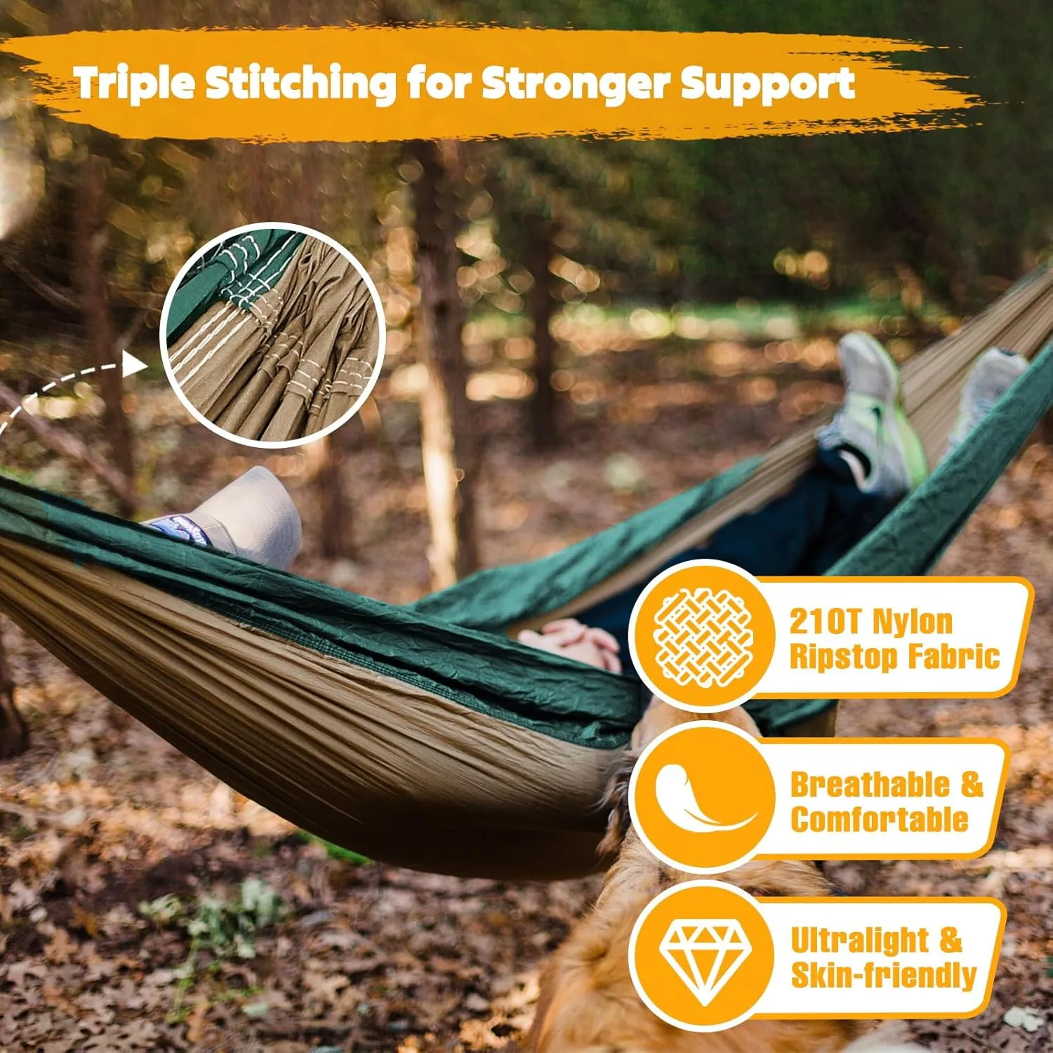 Ultra-Light Travel Camping Hammock | 300kg Load Capacity,(275 x 140 cm) Breathable,Quick-Drying Parachute Nylon | 2 x Premium Carabiners,2 x Nylon Slings Included | Outdoor Indoor Garden