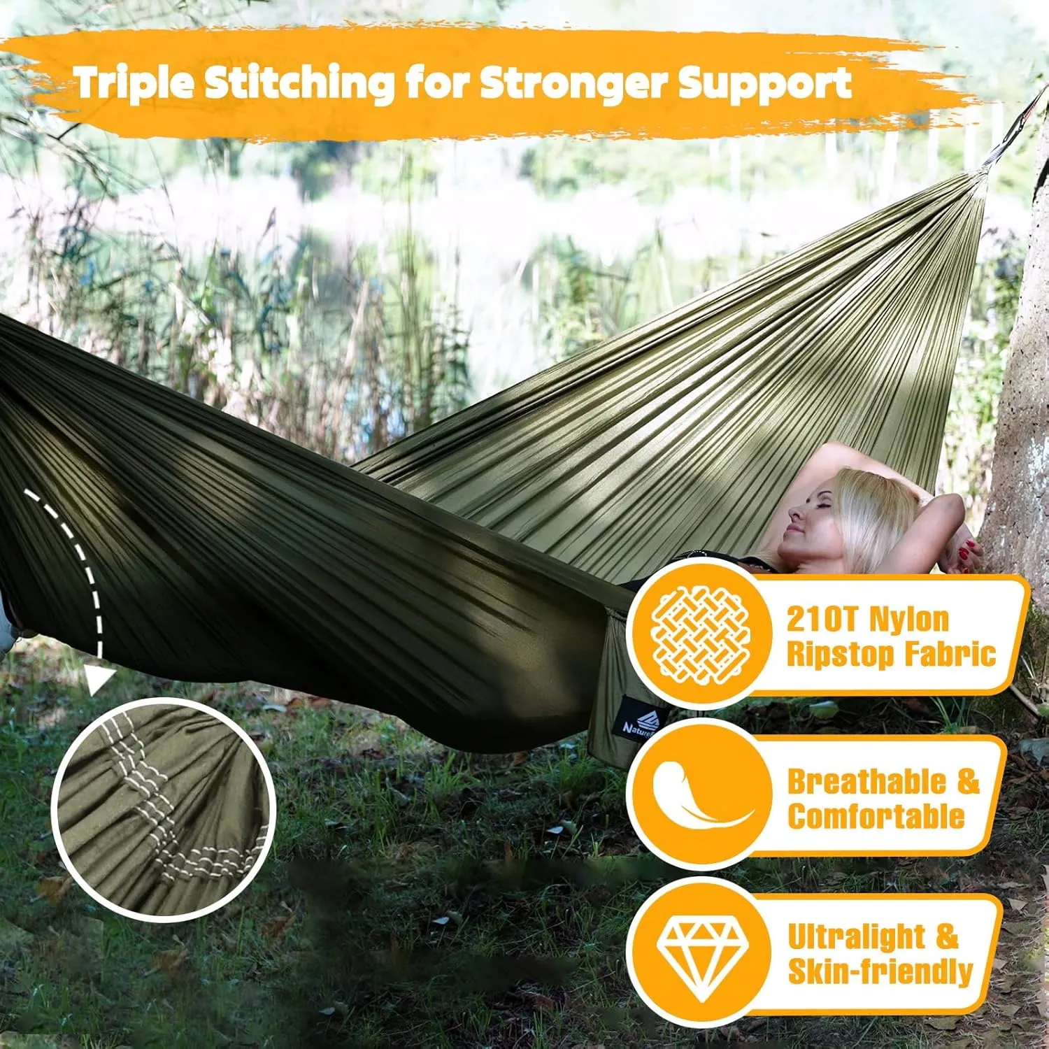 Ultra-Light Travel Camping Hammock | 300kg Load Capacity,(275 x 140 cm) Breathable,Quick-Drying Parachute Nylon | 2 x Premium Carabiners,2 x Nylon Slings Included | Outdoor Indoor Garden