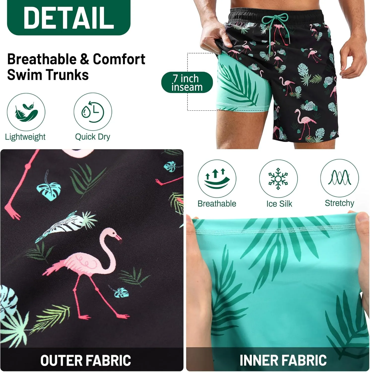 Ultrafun Mens Swim Trunks with Compression Liner 7 Inch Inseam Quick Dry 2 in 1 Swimming Board Shorts Swimsuit for Men