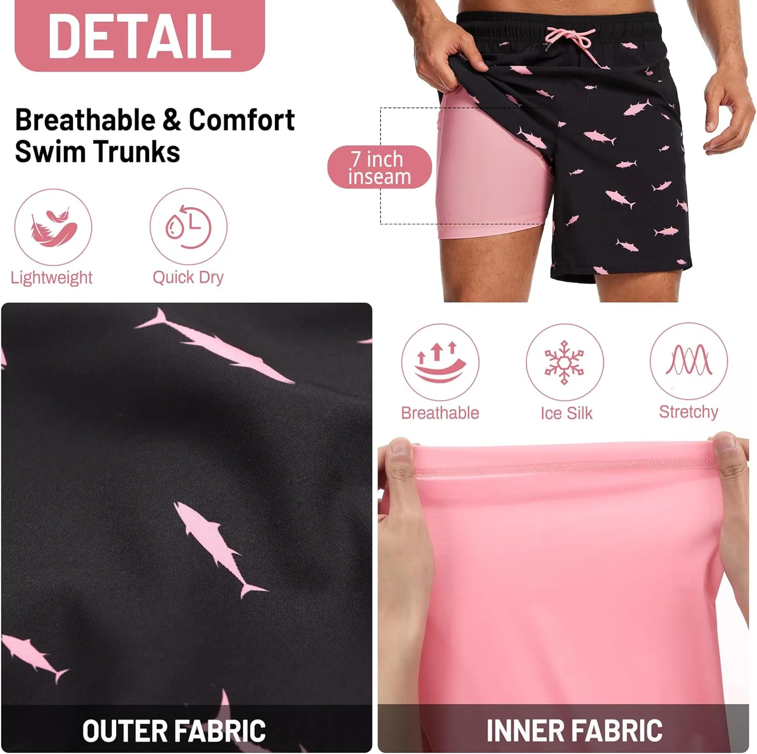 Ultrafun Mens Swim Trunks with Compression Liner 7 Inch Inseam Quick Dry 2 in 1 Swimming Board Shorts Swimsuit for Men
