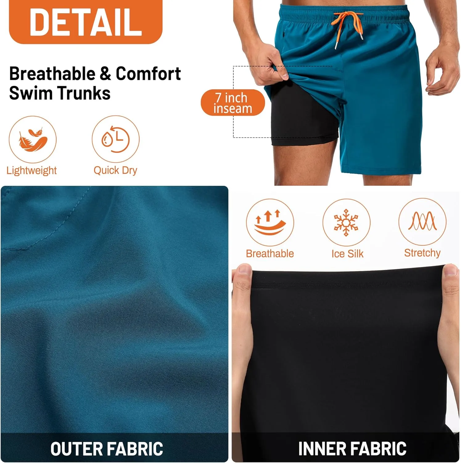 Ultrafun Mens Swim Trunks with Compression Liner 7 Inch Inseam Quick Dry 2 in 1 Swimming Board Shorts Swimsuit for Men