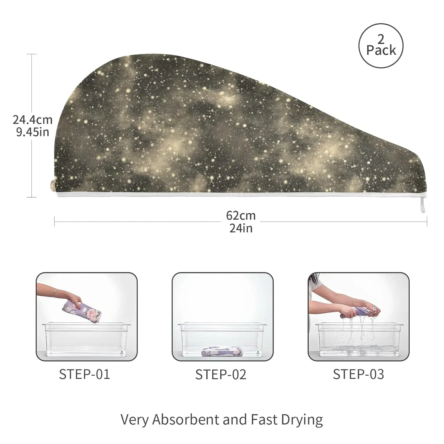 Universe, Nebula Night Starry Sky Rainbow Glittering Galaxy 2 Packs Hair Towel Wrap, Absorbent Turban Bath Hair Towel Hat, Quick Drying Hair Towel with Button for Curly, Long, Thick Hair