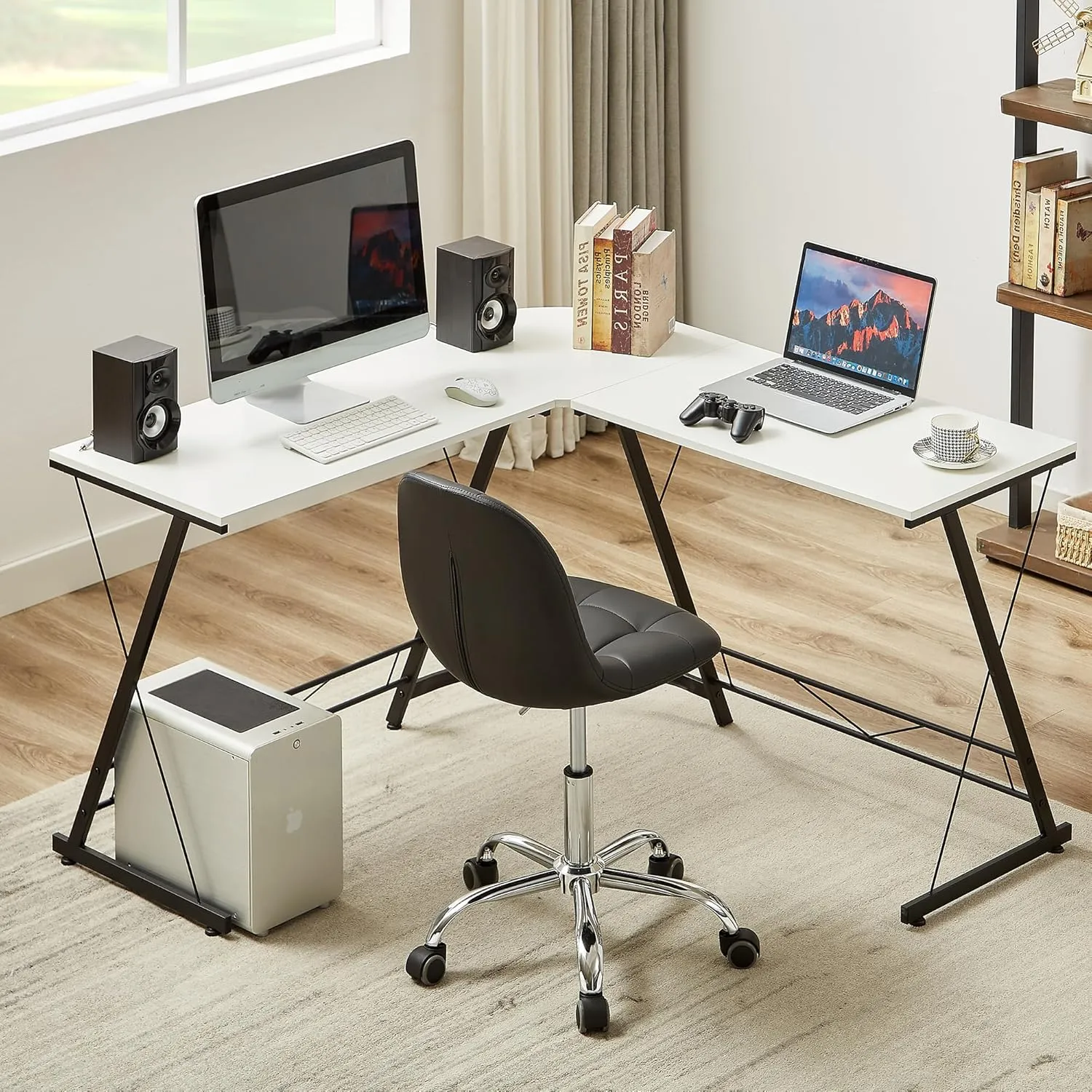 VECELO Soft Desk Chair, Stylish Casual Vanity Seat, Armless with Comfy Lumbar Support, PU Leather Hight Adjustable, 360° Rolling Swivel for Study, Work, Makeup, Weight up to 330 Lbs, Black