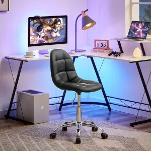 VECELO Soft Desk Chair, Stylish Casual Vanity Seat, Armless with Comfy Lumbar Support, PU Leather Hight Adjustable, 360° Rolling Swivel for Study, Work, Makeup, Weight up to 330 Lbs, Black