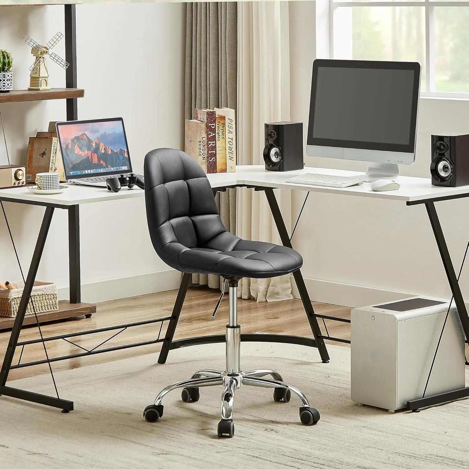 VECELO Soft Desk Chair, Stylish Casual Vanity Seat, Armless with Comfy Lumbar Support, PU Leather Hight Adjustable, 360° Rolling Swivel for Study, Work, Makeup, Weight up to 330 Lbs, Black