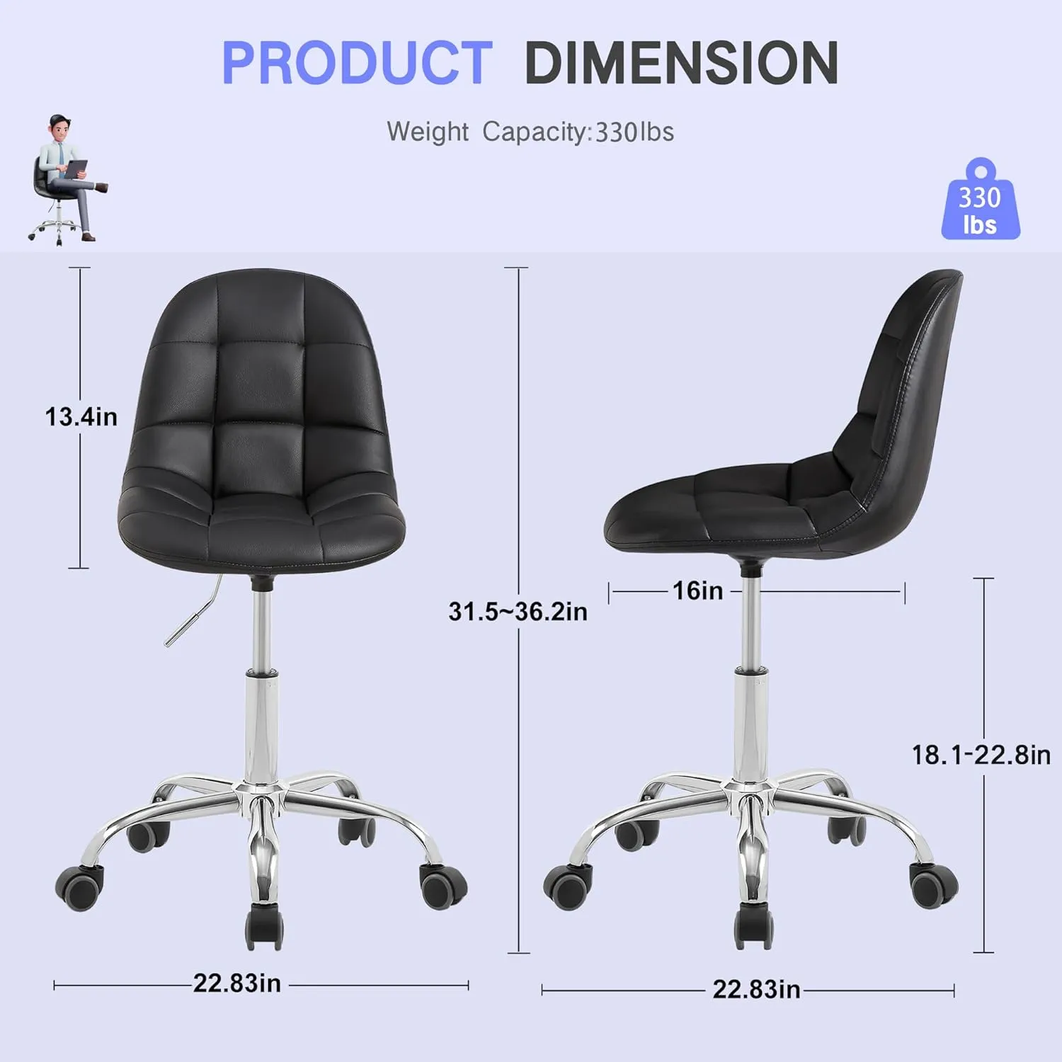VECELO Soft Desk Chair, Stylish Casual Vanity Seat, Armless with Comfy Lumbar Support, PU Leather Hight Adjustable, 360° Rolling Swivel for Study, Work, Makeup, Weight up to 330 Lbs, Black