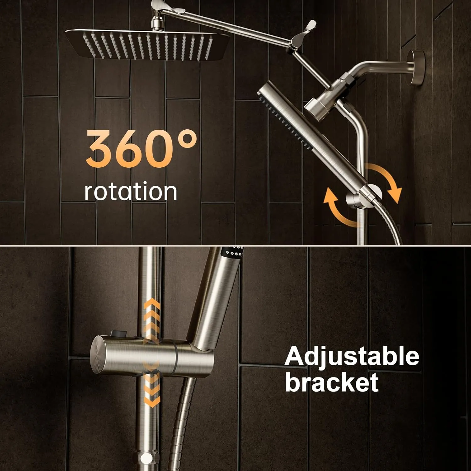 Veken 10" Luxurious Brushed Nickel All Metal Rain Shower Head with Handheld Spray Combo, High Pressure Rainfall Square Shower Heads with Extention Arm, Wide Dual Showerhead, Bathroom Accessories
