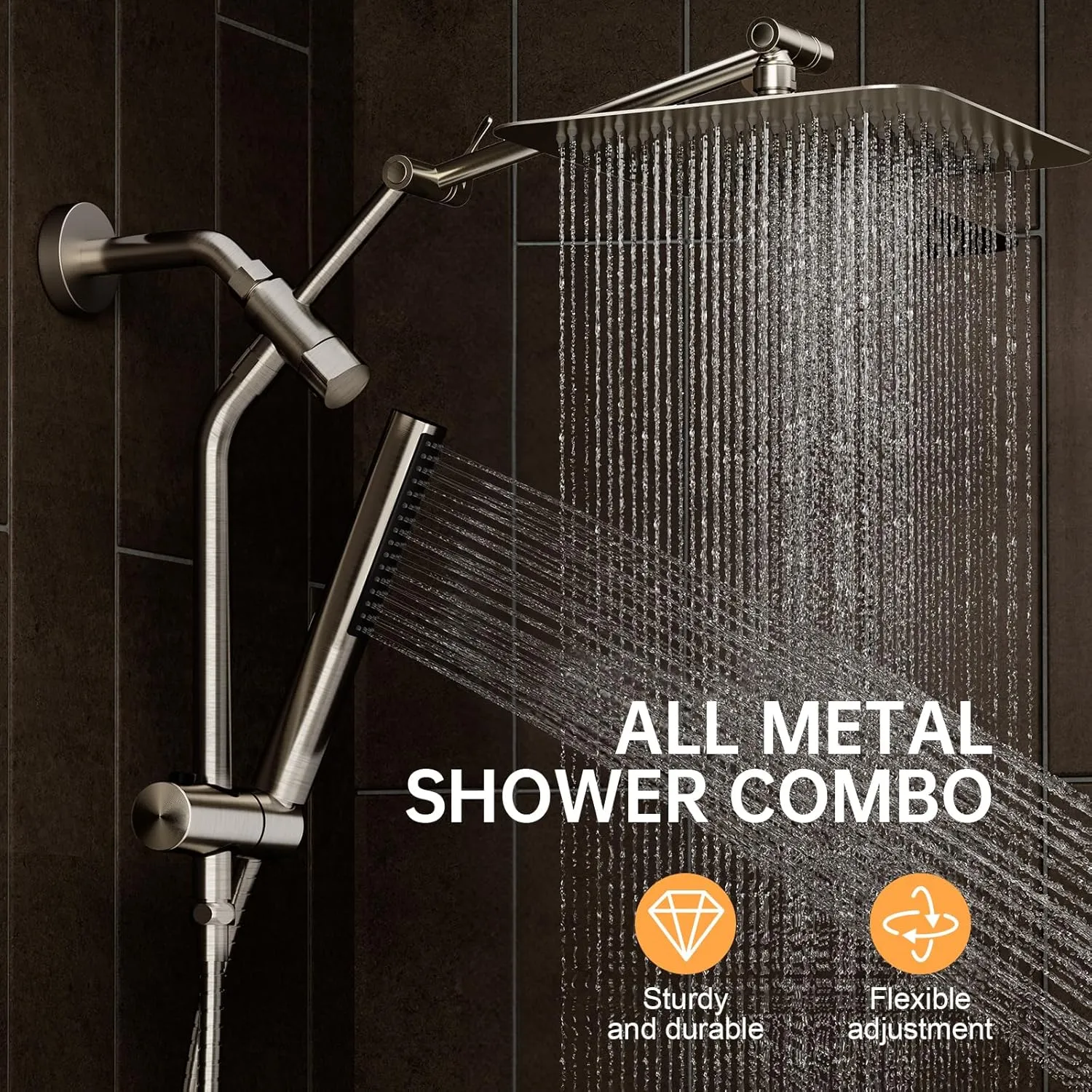 Veken 10" Luxurious Brushed Nickel All Metal Rain Shower Head with Handheld Spray Combo, High Pressure Rainfall Square Shower Heads with Extention Arm, Wide Dual Showerhead, Bathroom Accessories